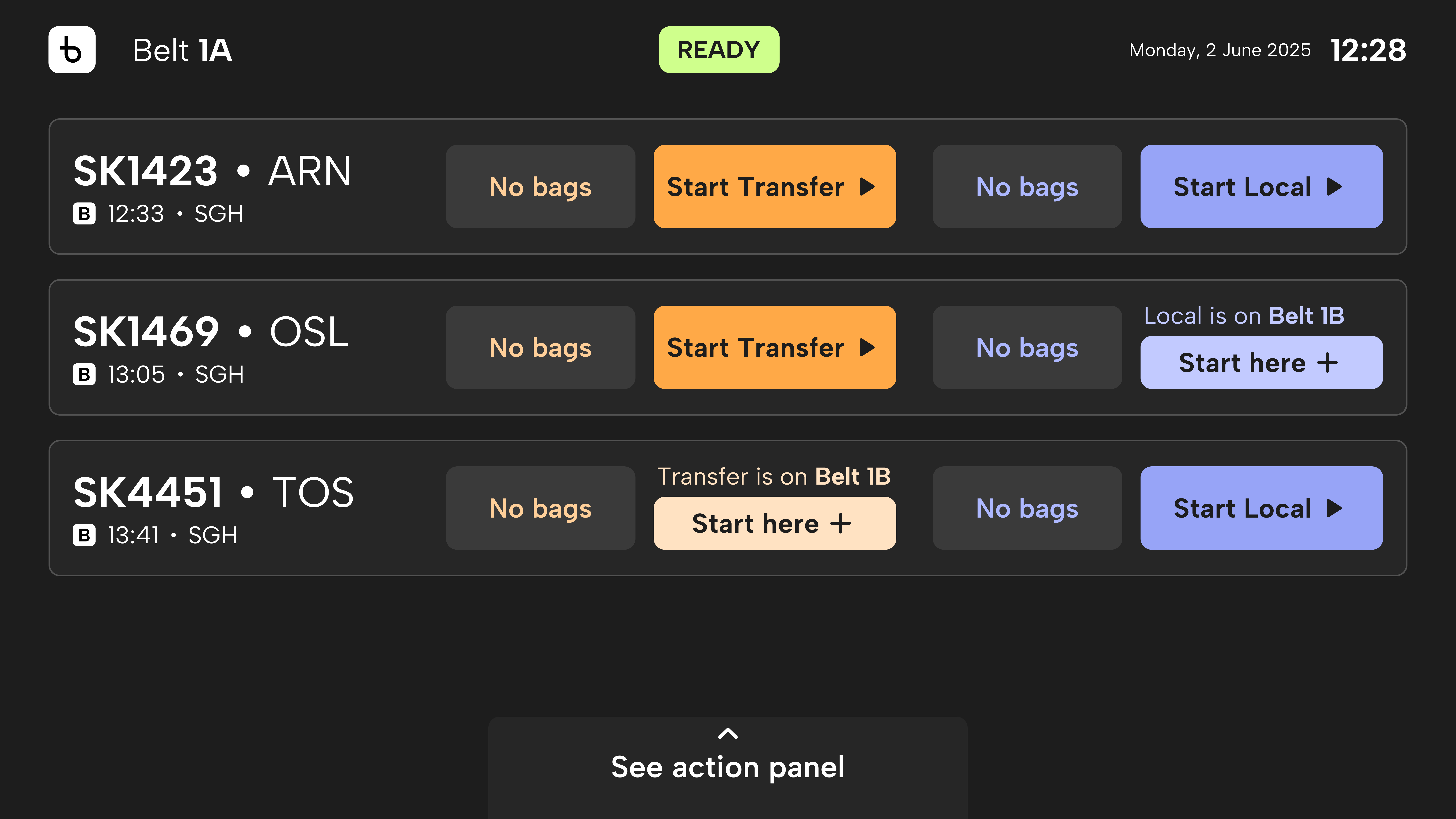 Control screen: active route with FB/LB registration